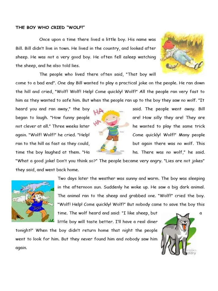 Second grade worksheet for The Boy Who Cried Wolf reading comprehension and story prediction exercises