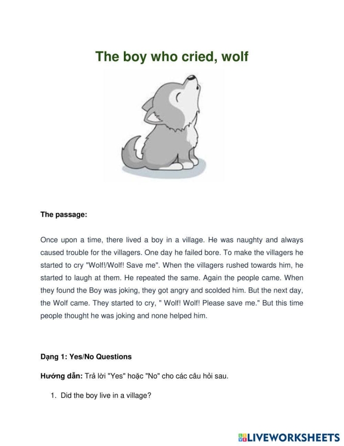 Worksheet featuring a story map for The Boy Who Cried Wolf for second graders