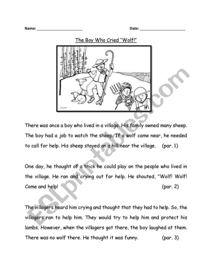 Second grade reading comprehension worksheet featuring a story map for The Boy Who Cried Wolf