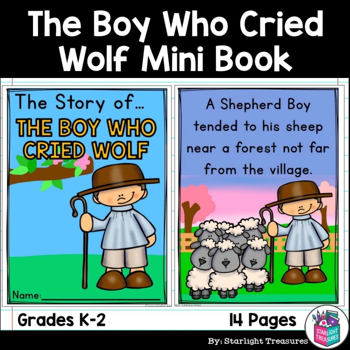 Second grade reading worksheet for The Boy Who Cried Wolf featuring prediction and comprehension questions