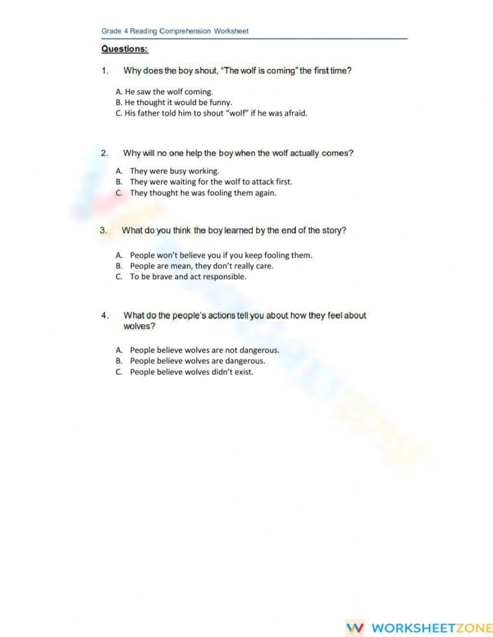Second grade reading worksheet for The Boy Who Cried Wolf with prediction and comprehension activities