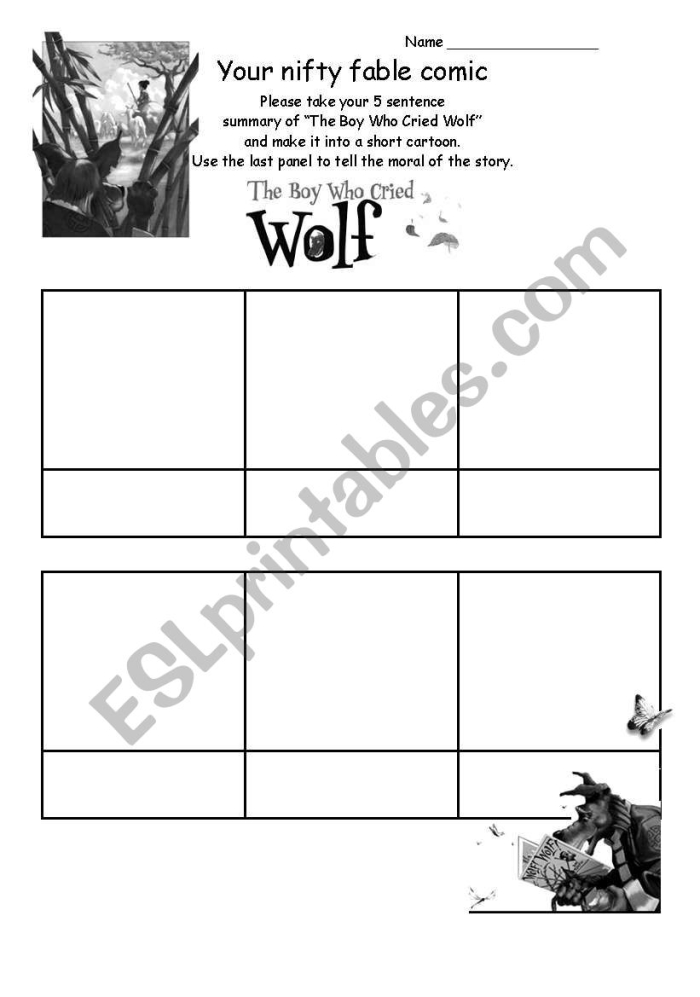 Second grade student working on a The Boy Who Cried Wolf prediction and comprehension worksheet