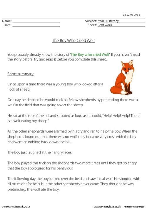 Second grade reading worksheet featuring The Boy Who Cried Wolf prediction and comprehension exercises
