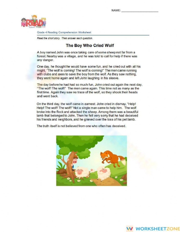 Second grade worksheet featuring The Boy Who Cried Wolf reading comprehension and prediction exercises