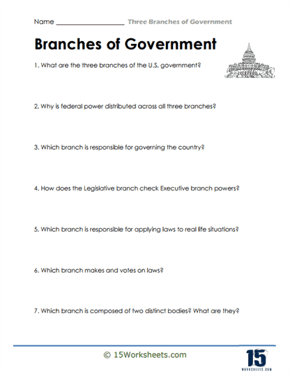 Fourth grade worksheet showing a graphic organizer to fill in the three branches of the U.S. government