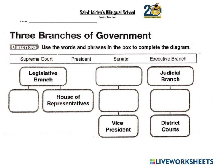 Fourth grade students completing a fill in the blanks graphic organizer about the three branches of the U.S. government