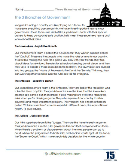 Worksheet for kids matching roles to the branches of government in a fun activity
