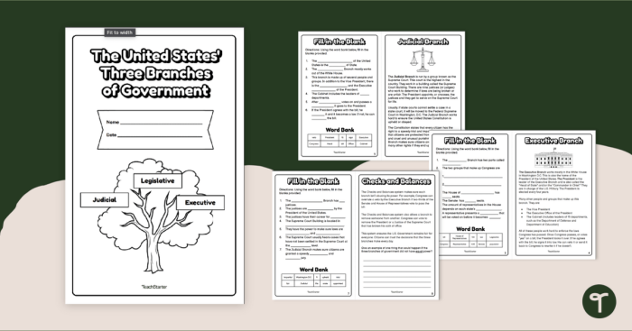 Second grade worksheet about the three branches of government and their locations