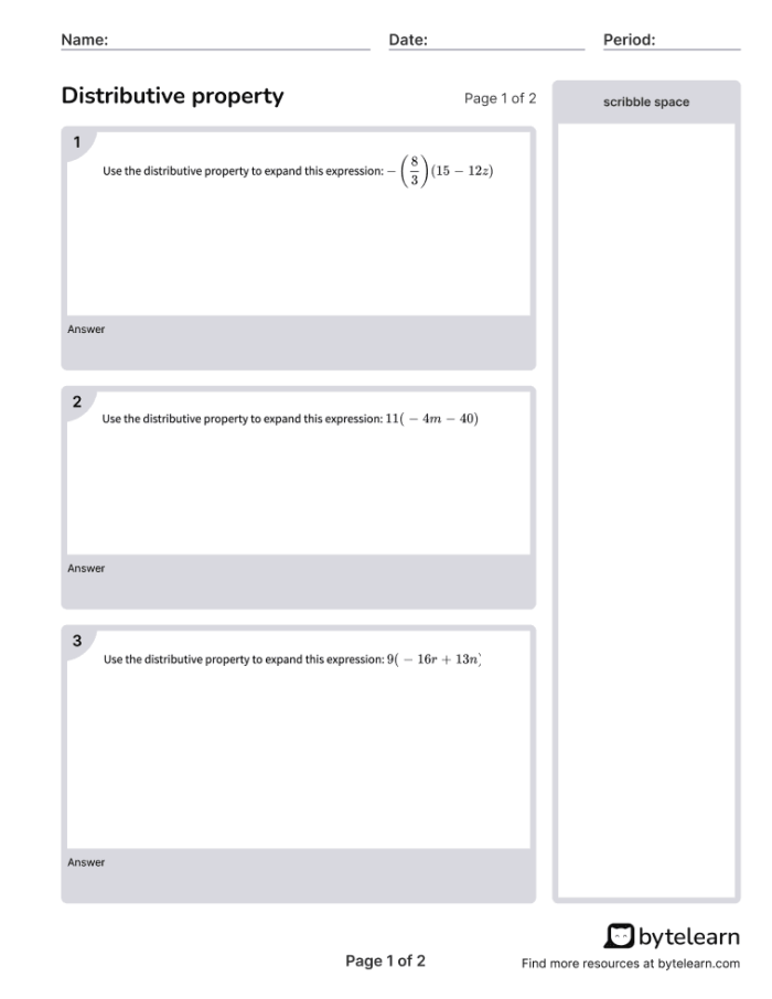Worksheet for teaching the distributive property to fourth graders