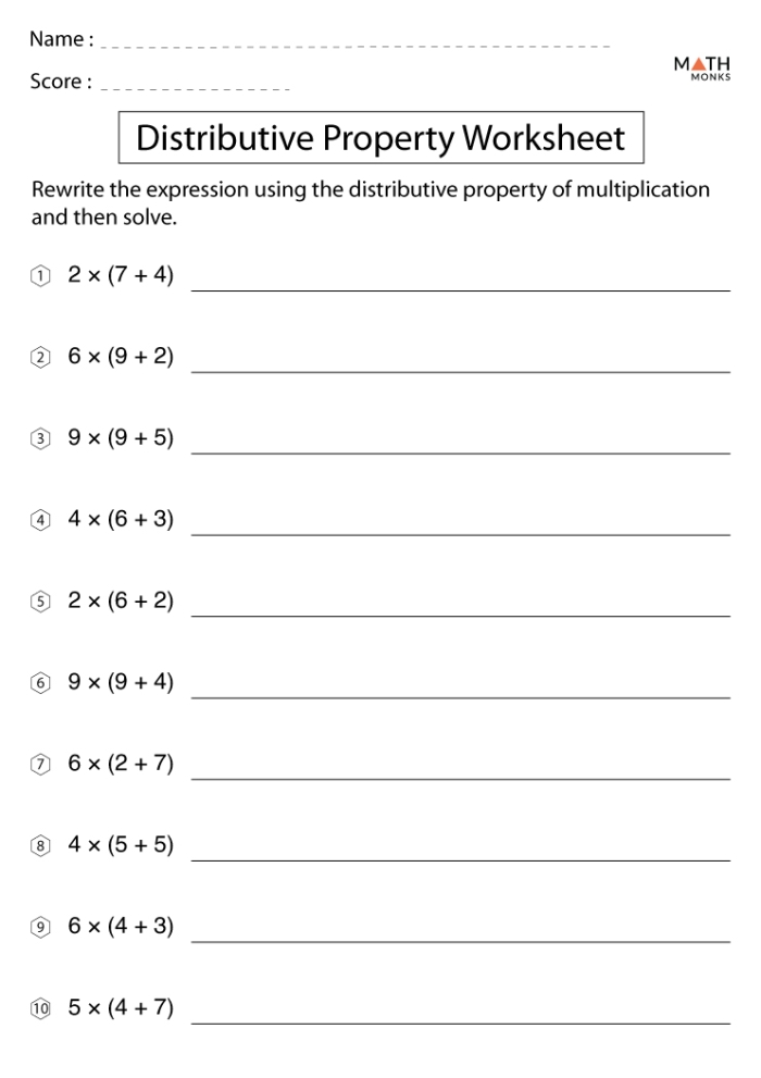 Worksheet for teaching the distributive property in fourth grade math