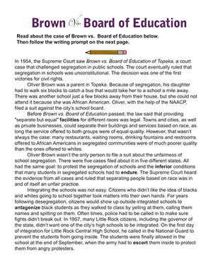 Brown vs. Board of Education worksheet for fourth graders, focusing on the landmark decision and its impact. Educational resource illustrating the historical context and struggles following the case.