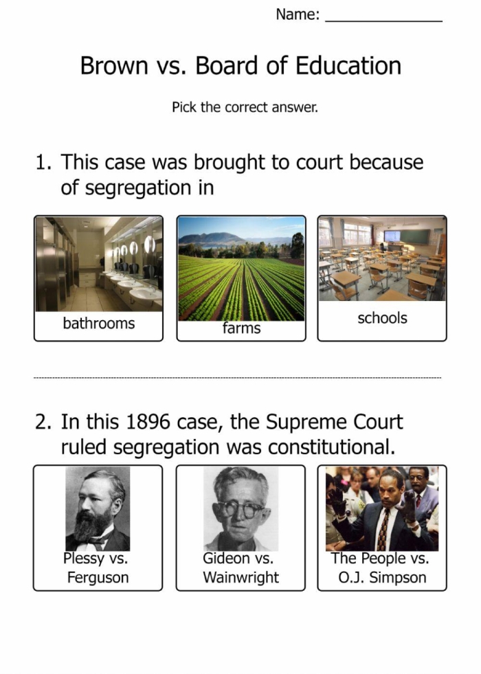 Brown vs. Board of Education worksheet for fourth graders, featuring key historical events and struggles. Engaging reading material about the landmark decision and its impact on education.