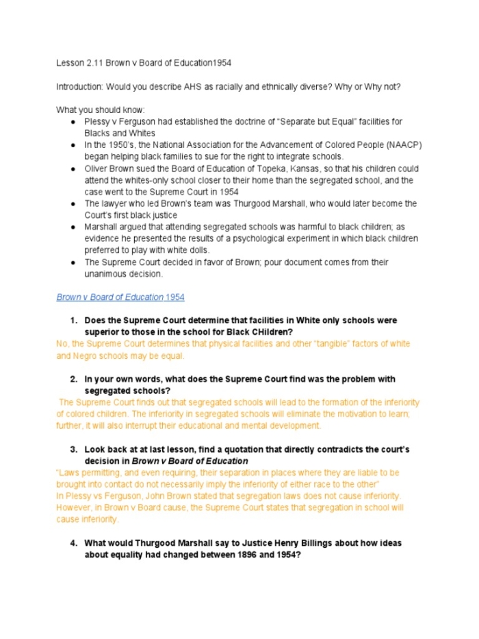 Brown vs. Board of Education worksheet for fourth graders, featuring reading activities about the landmark decision and its aftermath. Educational resource illustrating the significance of the Brown vs. Board of Education case for students.