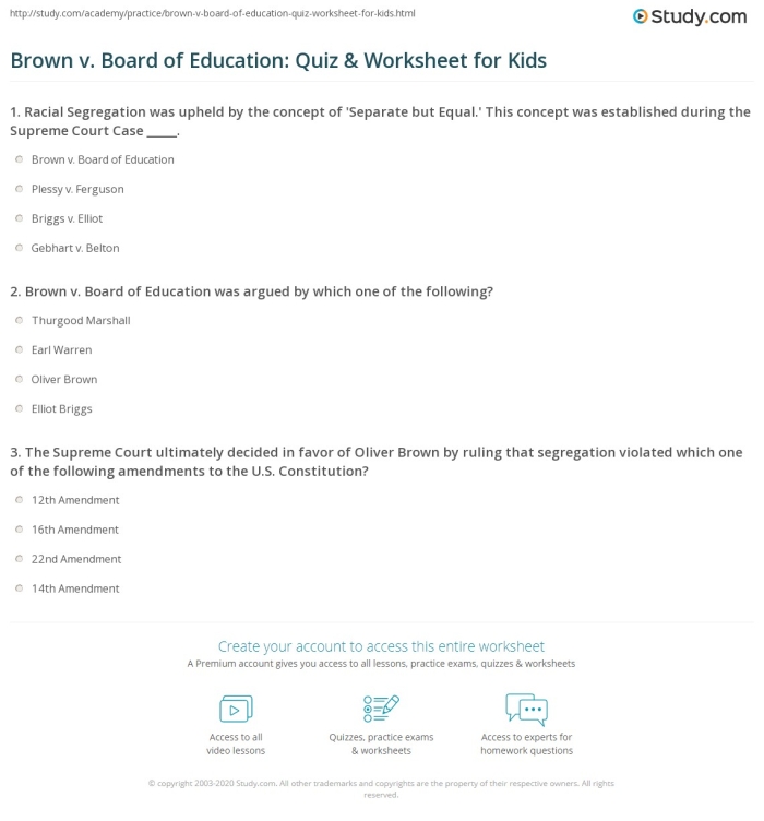 Brown vs. Board of Education worksheet for fourth graders illustrating the landmark decision and its aftermath. Educational resource for reading comprehension about the historic case.