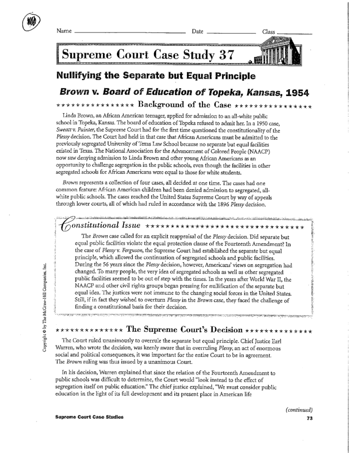 Brown vs. Board of Education worksheet for fourth graders discussing the landmark decision and its impact