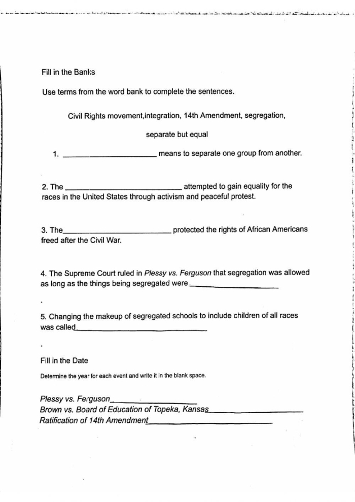 Brown vs. Board of Education worksheet for fourth graders featuring a historical overview of the landmark case