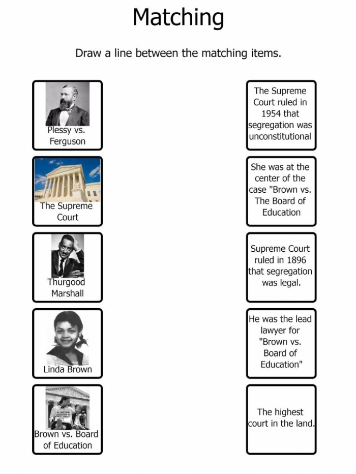 Brown vs. Board of Education worksheet for fourth graders illustrating the landmark decision's background and impact. Educational resource image for understanding the significance of Brown vs. Board of Education.