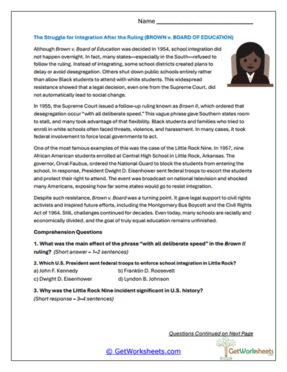 Brown vs. Board of Education worksheet for fourth graders highlighting the landmark decision and its historical context