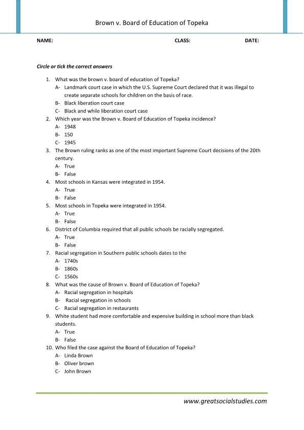 Brown vs. Board of Education worksheet for fourth graders illustrating the landmark decision and its aftermath