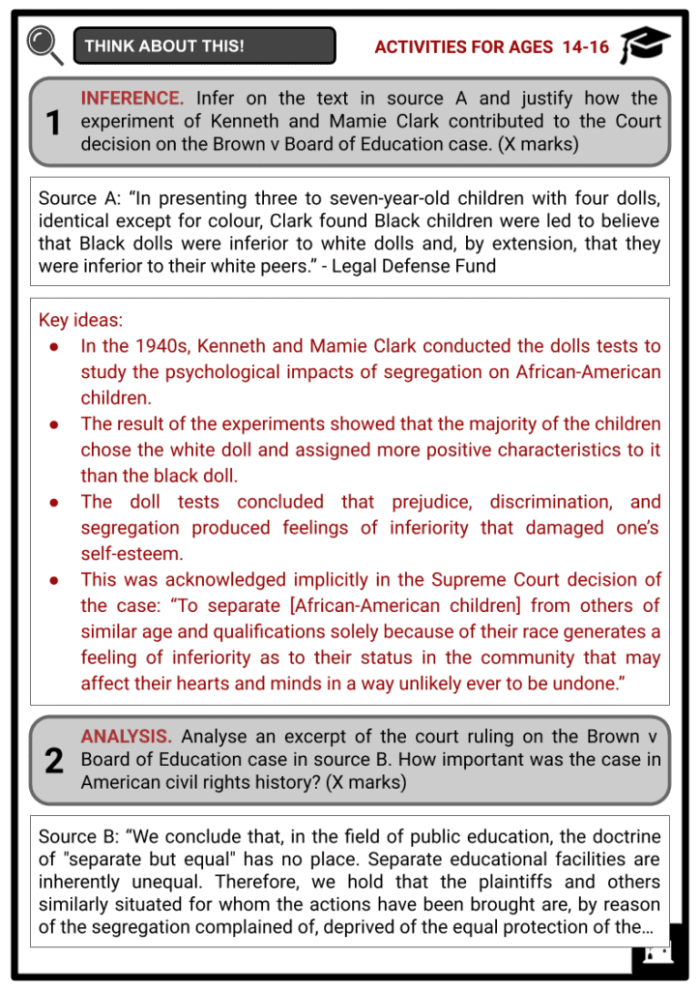 Brown vs. Board of Education worksheet for fourth graders, featuring a reading activity about the landmark case