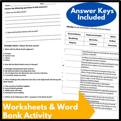 Bubonic Plague worksheet designed for sixth graders to explore historical events