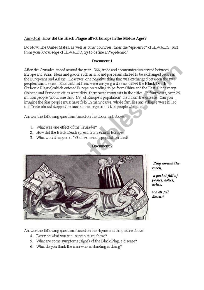 Bubonic Plague worksheet for sixth graders exploring historical events