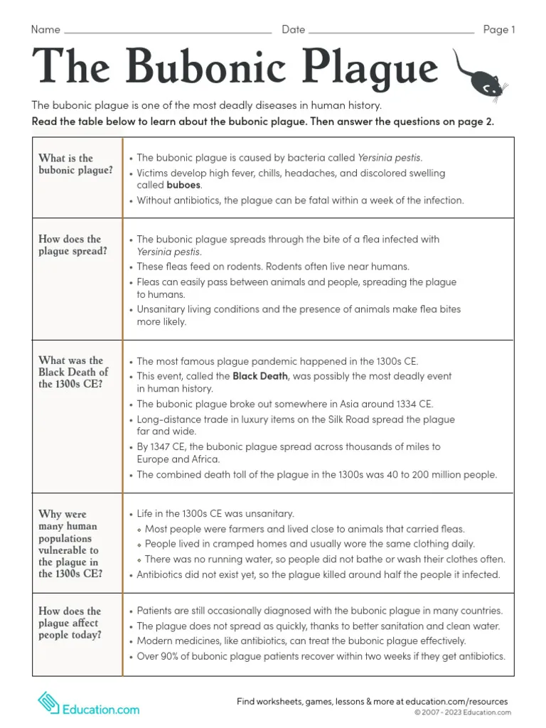 Bubonic Plague worksheet for sixth graders exploring historical impacts