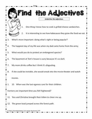 Find the Adjectives worksheet for third graders focusing on nouns and their descriptive adjectives