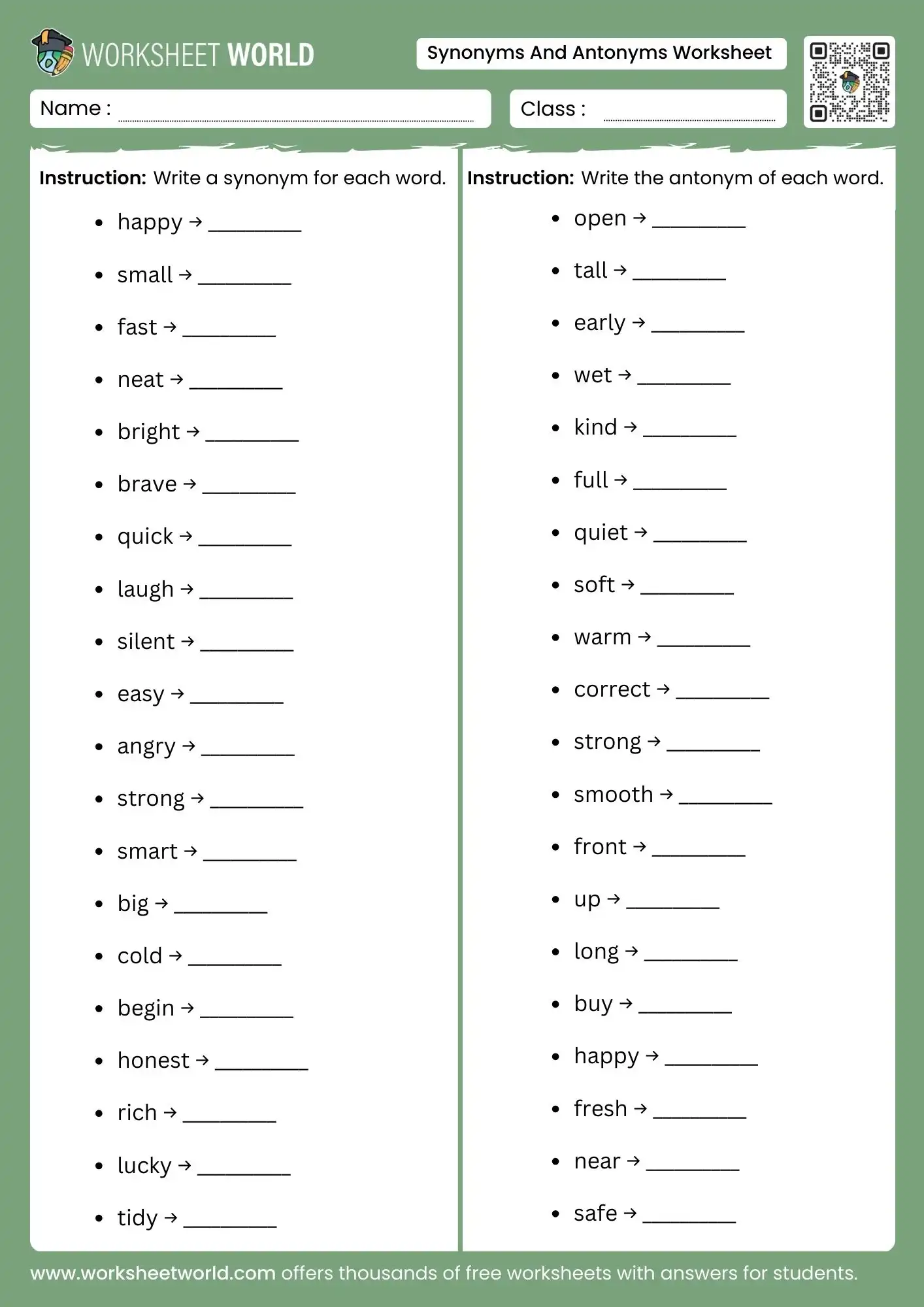 Synonyms and Antonyms worksheet for third graders focusing on finding similar meaning words