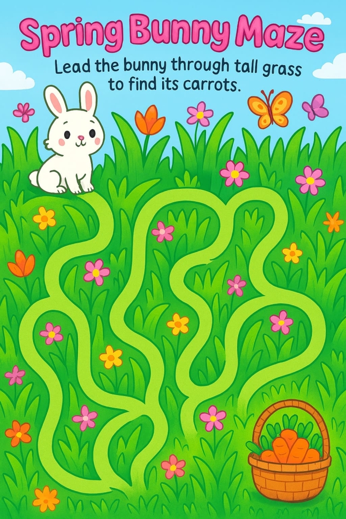Easter-themed maze activity for preschoolers featuring a bunny character Bunny Maze worksheet designed for Pre-K students learning Spanish during Easter
