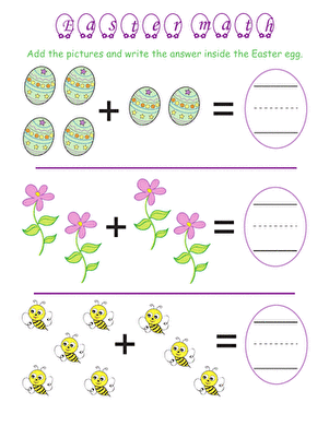 A busy bee character surrounded by Easter eggs and flowers solving simple addition problems with visual counting aids for Pre-K students