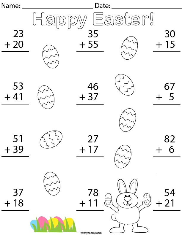 Busy bee collecting Easter eggs with addition problems for Pre-K students to solve