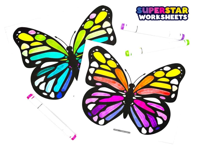 Colorful Butterflies Worksheet for Creative Practice and Fine Motor Skills A detailed butterfly coloring page with multiple butterflies featuring intricate wing patterns for first grade students