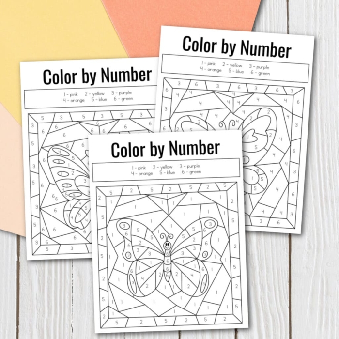 Color by Number Butterfly Geometry Worksheet for Pre-K Students 23 Pre-K math worksheet featuring a butterfly design for color by number counting activities