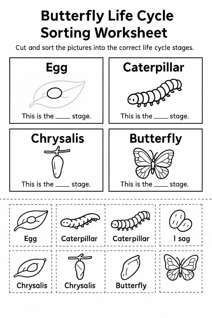 ALT text: Educational worksheet illustrating the life cycle of a butterfly for second graders.