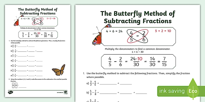 A colorful worksheet demonstrating the butterfly method for subtracting fractions