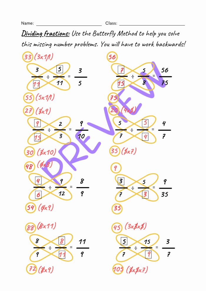 Worksheet demonstrating the butterfly method for subtracting fractions