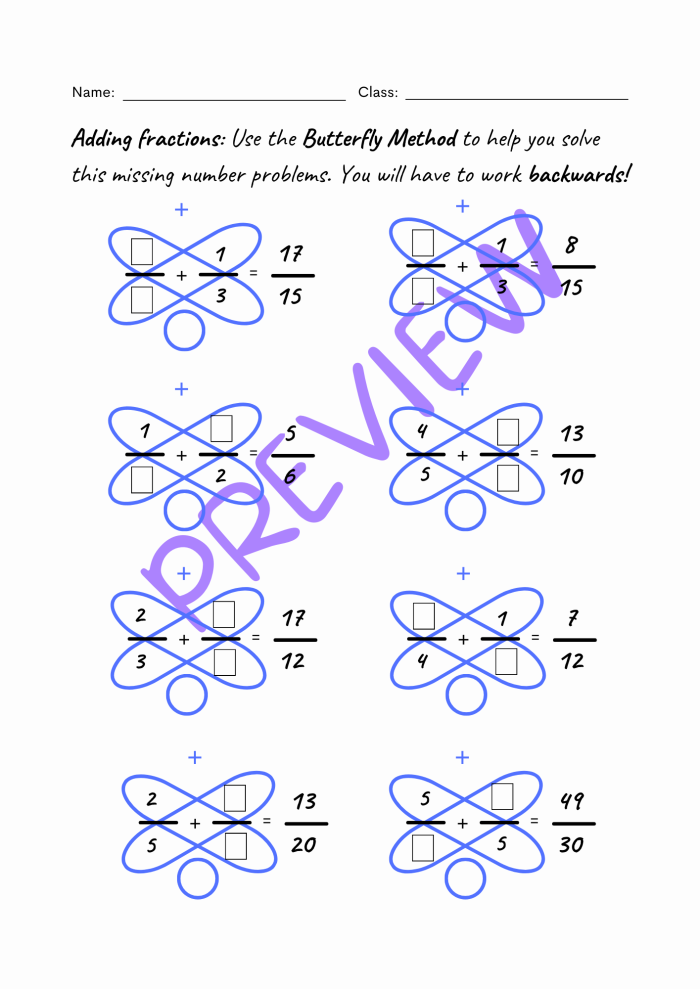 Worksheet demonstrating the butterfly method for subtracting fractions