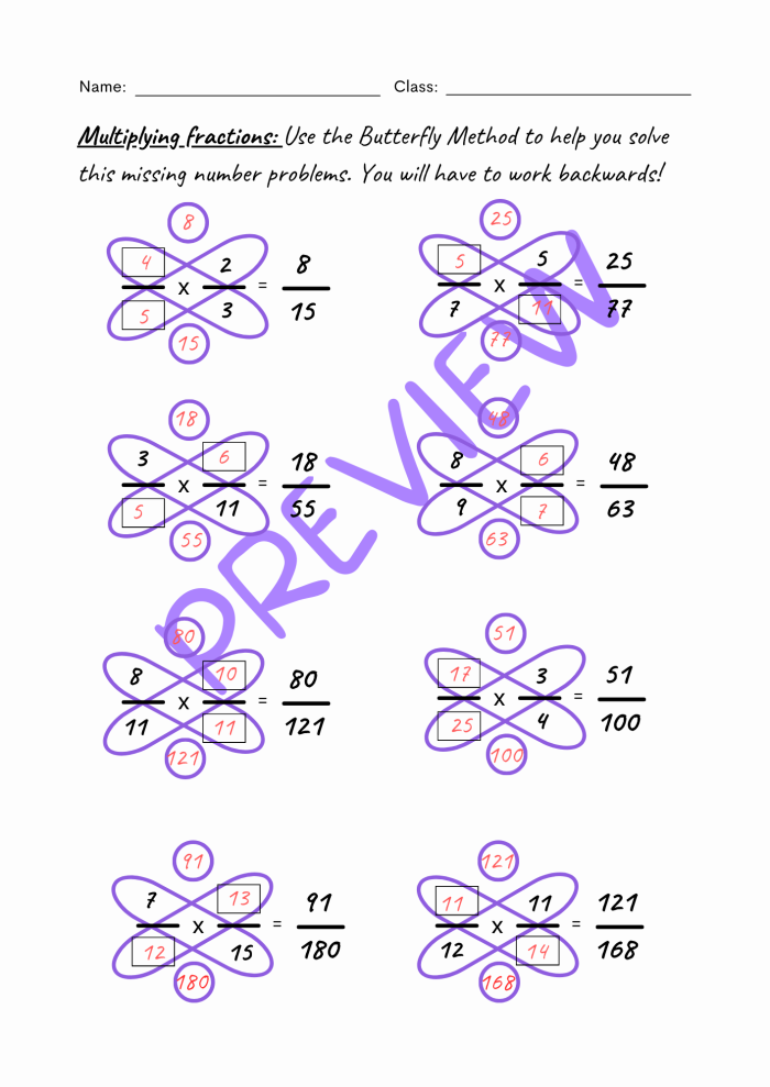 Colorful worksheet illustrating the Butterfly Method for subtracting fractions aimed at fifth graders