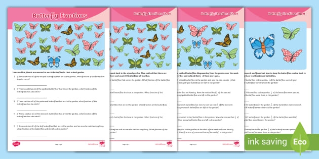 Worksheet demonstrating the Butterfly Method for Fractions subtraction for fifth graders