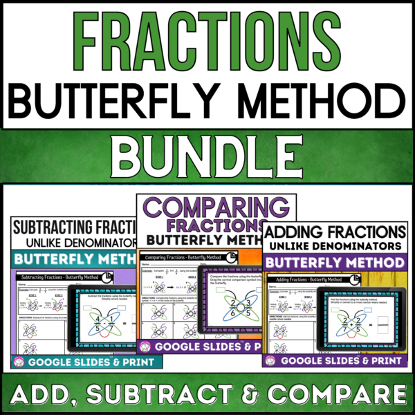 Worksheet demonstrating the butterfly method for subtracting fractions, designed for fifth graders
