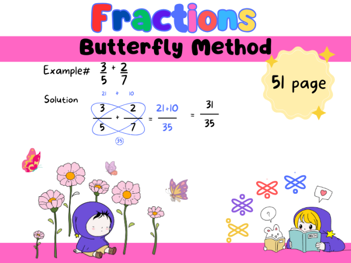 Worksheet demonstrating the butterfly method for subtracting fractions, designed for fifth graders