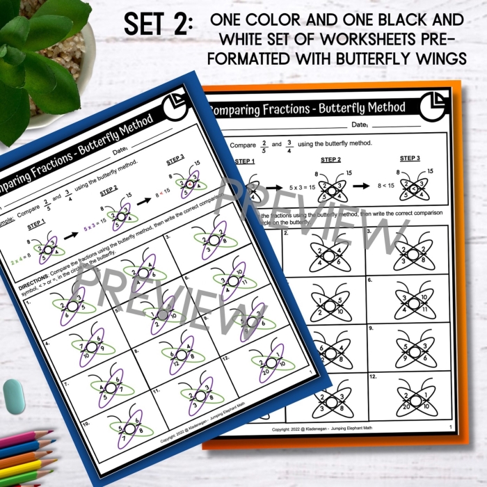 Worksheet demonstrating the butterfly method for subtracting fractions