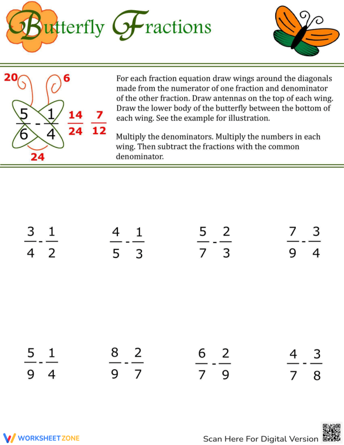 Worksheet demonstrating the butterfly method for subtracting fractions