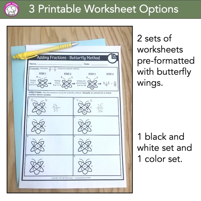 Colorful worksheet illustrating the butterfly method for subtracting fractions