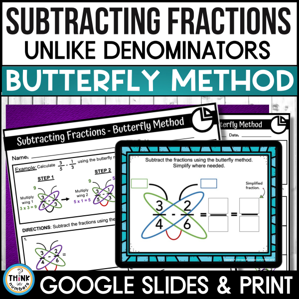 Worksheet illustrating the butterfly method for subtracting fractions