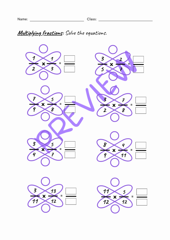Worksheet illustrating the butterfly method for subtracting fractions