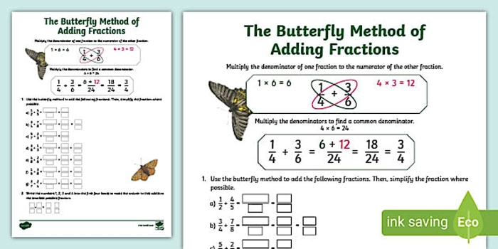 Worksheet illustrating the Butterfly Method for Fractions to aid fifth graders in subtraction. Visual guide to using the Butterfly Method for Fractions in a classroom setting.