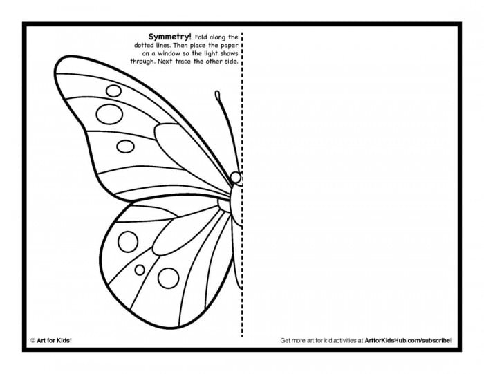 Colorful worksheet featuring a butterfly symmetry activity for first graders