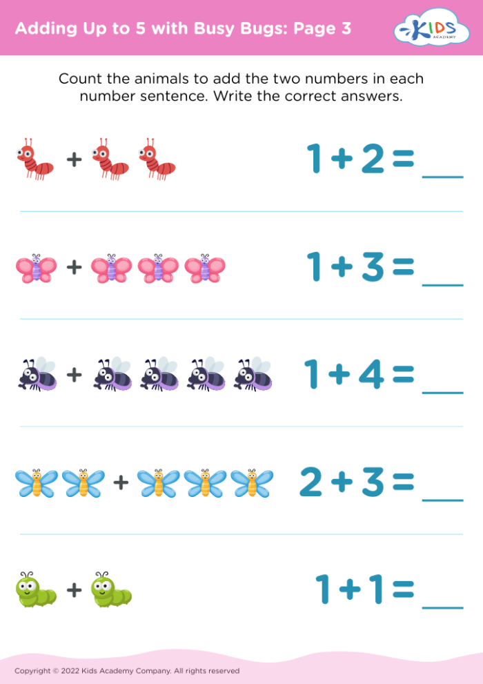 Buzzing Bugs Addition Worksheet for Kindergarten Geometry Practice 4 Kindergarten students solving addition problems up to 10 on a Buzzing Bugs math worksheet